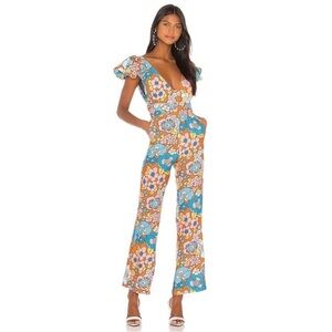 Dodo Bar Or Jenny Floral Jumpsuit Size Small Retro Festival Deep V Cap Sleeve